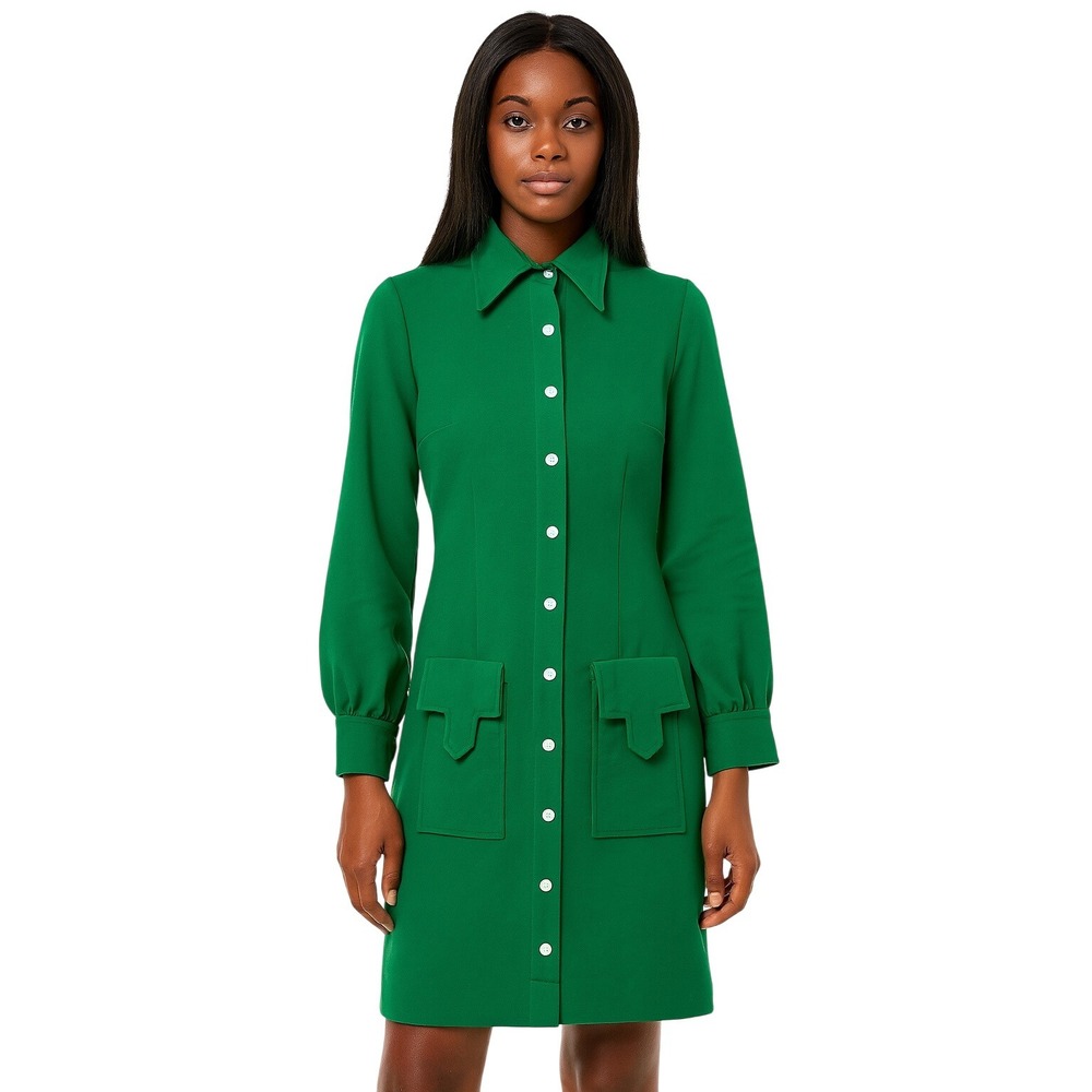 VINTAGE 1970's pointed collar button front shirt dress long sleeve in green